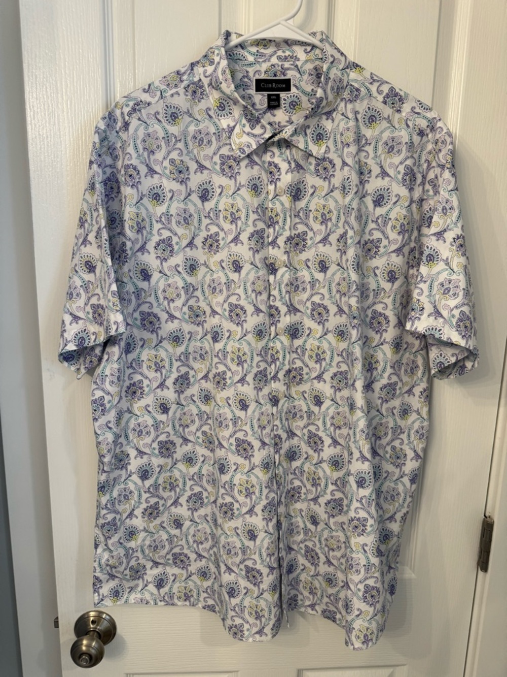 Club Room White Short-Sleeve Button-Down Shirt with Purple & Light Green Paisley